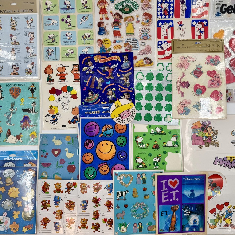 Vtg Sticker Lot Hallmark Peanuts Disney Muppets E.T. Cabbage Patch 80s 32 Sheets
