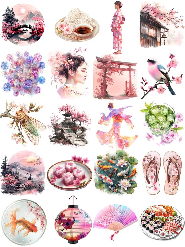 Japanese Sakura Kimono Girl Koi Fish Stickers Stationery Journal Scrapbook Craft