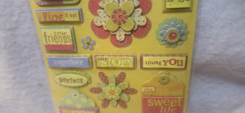 Scrapbooking 3D Chipboard Stickers Title Tags BloomsFlowers NEW K&Company 16 Pcs