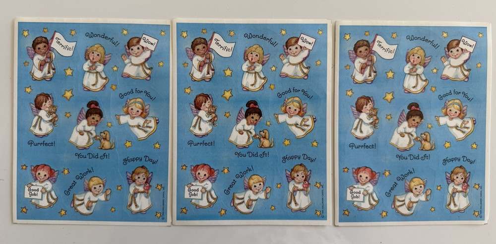 Vintage Hallmark Stickers ~ 3 Sheets~Children/cherubs/angels~Kitten~Puppy
