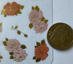PEACH ROSE Gold Foil Mylar Stickers(16pc)3”x 4”Garden •Leaf•Flowers•Card Making•