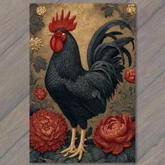 STICKER Black Rooster Red Roses Gold Floral Pattern Country Farm Chicken
