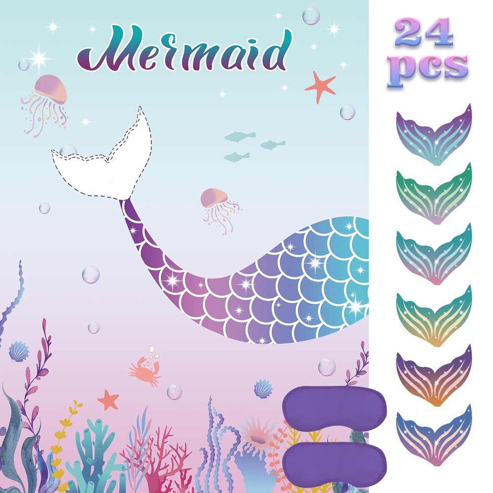 Mermaid Party Game – Pin the Tail with 24 Tails for Kids Birthday Fun