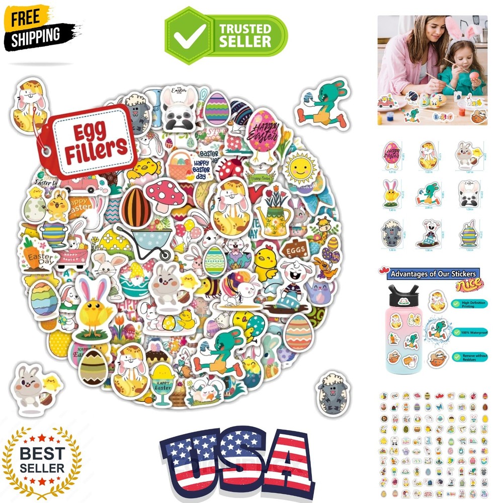 100Pcs Easter Stickers for Kids, Bunny Stickers Vinyl Waterproof Stickers Pac…
