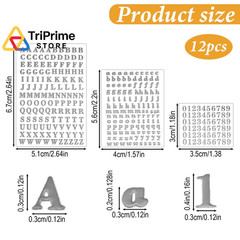 LXUEJIE 12 Sheets Small Letter Stickers, 3 Sizes Mini Alphabet Number Silver