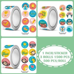 3 Rolls Multicolor Stickers, 1,500PCS Teacher Reward, s, Multicolor