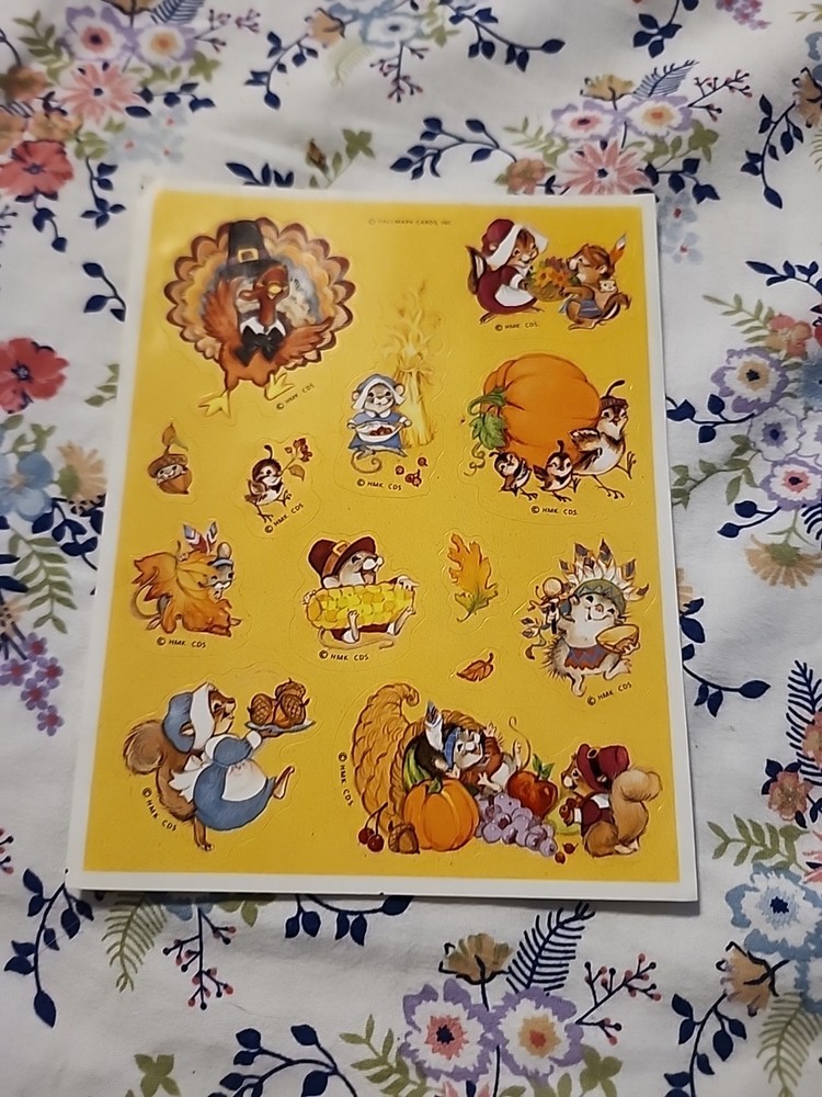 Vintage Hallmark Thanksgiving Fall themed sticker sheet, cute woodland animals