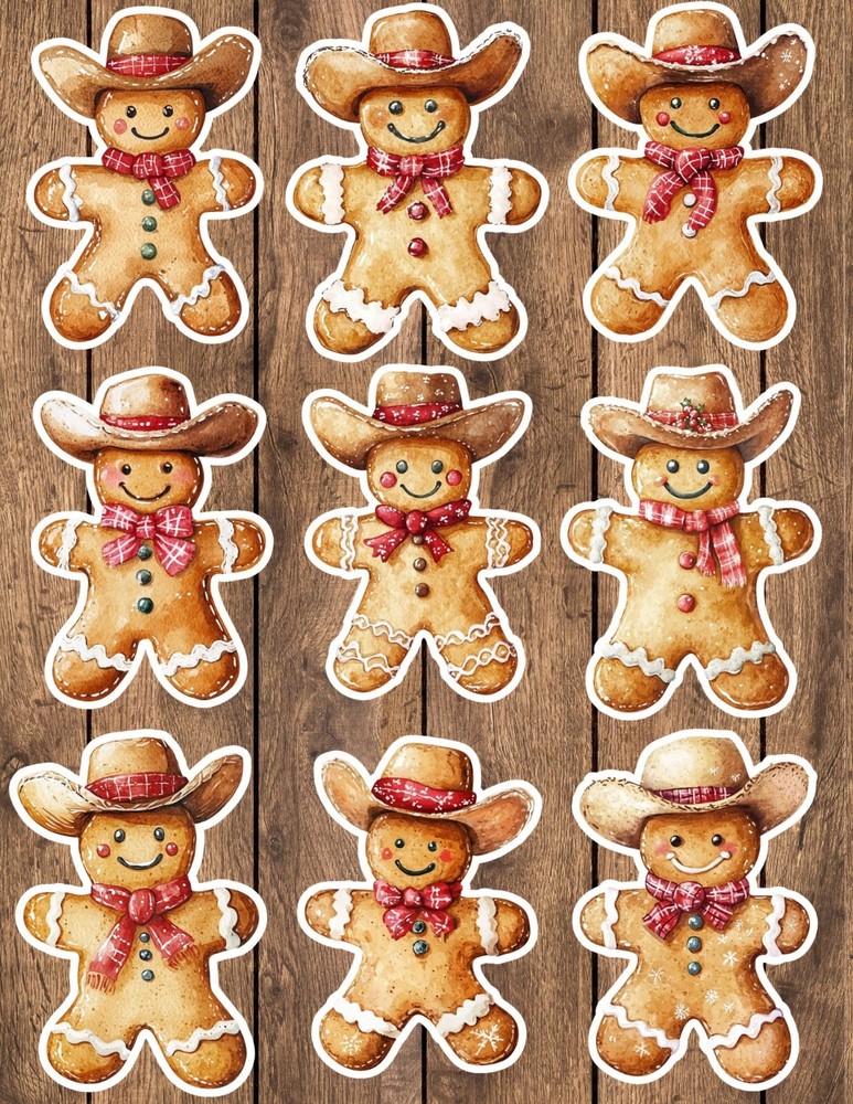 Cowboy Gingerbread Man Die Cut Stickers Set Scrapbooking Laptop Waterbottle
