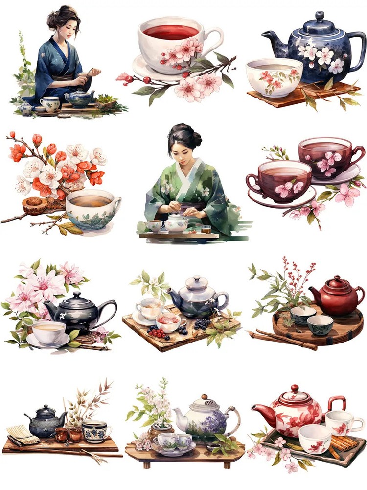Japanese Tea Sakura Flower Woman Stickers Stationery Journal Scrapbooking Craft