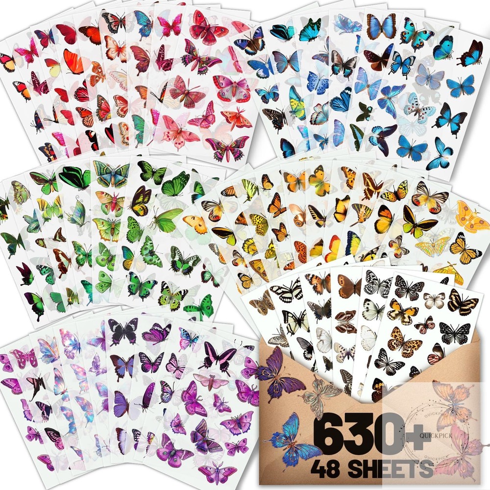 Butterfly Stickers(635 Pcs, 48 Sheets), Flower Stickers for Scrapbooking, Journa