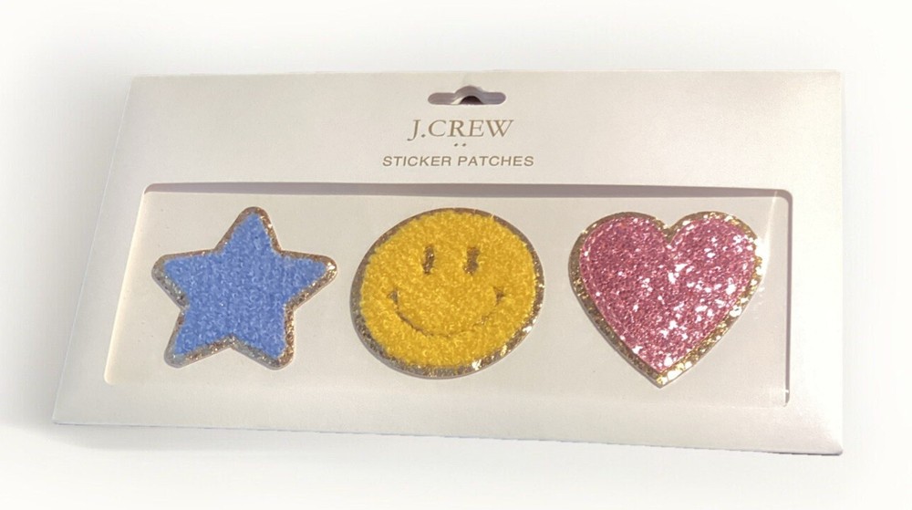 J CREW NEW NWT sticker patches SMILEY FACE STAR PINK HEART – GLITZY Set Of 3