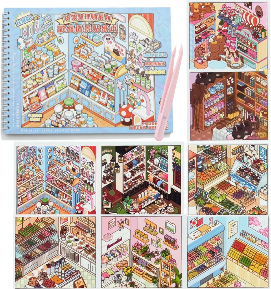 8 Sets 3D Shelf Sticker Book, DIY Miniature Scene Therapy for Adults | 3D Shelf