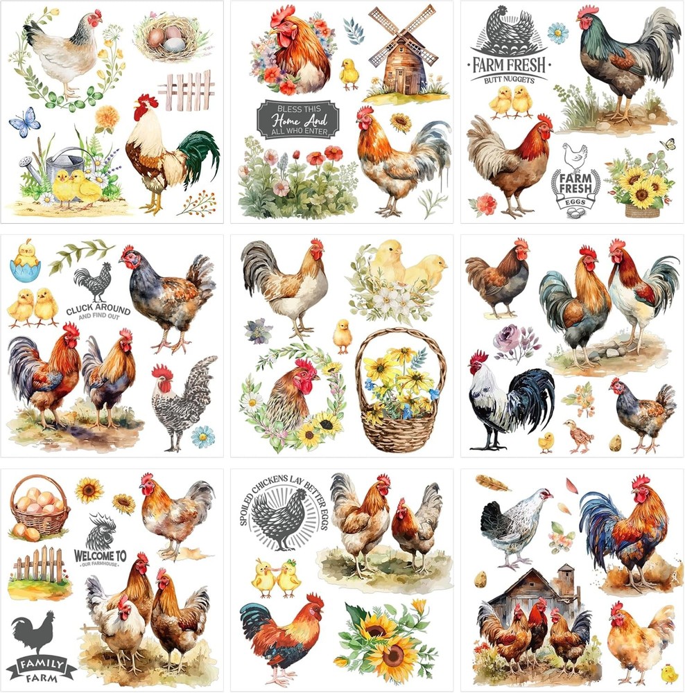 Rub on Transfers for Crafts Furnitures Stickers: 9 Pcs Roosters Rub on Transfer