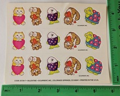 Vintage Current 1 Sheet Stickers 1980s Valentine Cat Turtle Teddy Bear Hearts