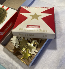 Vintage Dennison 30 GOLD Foil Gummed Stars & Box & Empty NOTARIAL SEAL Boxes