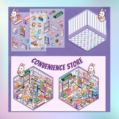 4 (3D) 5.5 x 4.9 Isometric Scene Rooms. Store, Library, Diner, and Bakery.