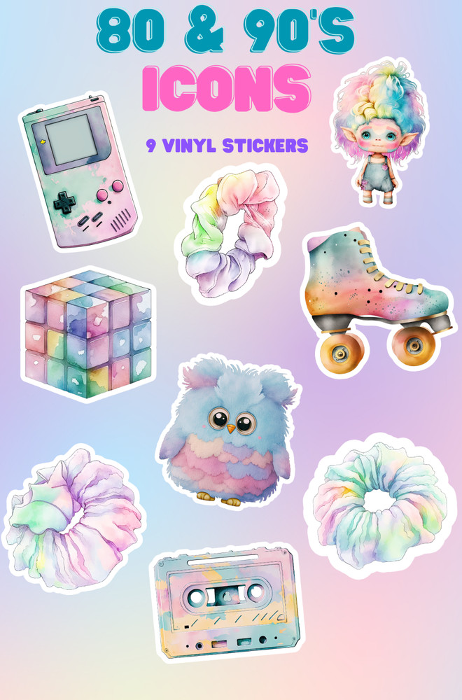 80’s & 90’s Icons Stickers, retro stickers, scrunchie, trolls, pop culture-9pcs