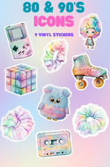 80’s & 90’s Icons Stickers, retro stickers, scrunchie, trolls, pop culture-9pcs