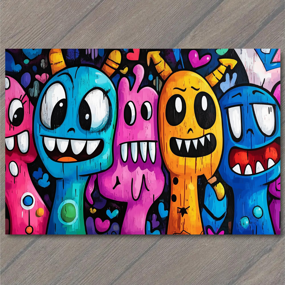 STICKER Cute Monster Faces Blue Pink Orange Cartoon Eyes Teeth Hearts