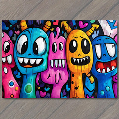 STICKER Cute Monster Faces Blue Pink Orange Cartoon Eyes Teeth Hearts