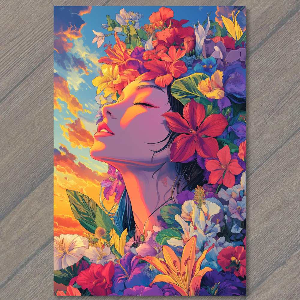 STICKER Woman Face Flowers Tropical Sun Orange Blue Colorful Jungle Leaves