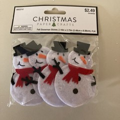 Christmas Paper Crafts Snowmen. Pack Of 4 Felt Snowman Stickers. New.