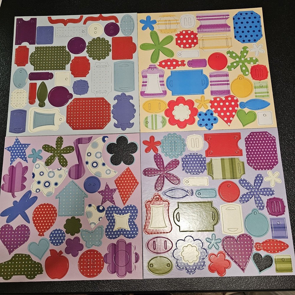 Lot: 28 Chip Board Die Cuts 12″ x 12″ Sheets 100’s Shapes, Tags, Alpha, Symbols