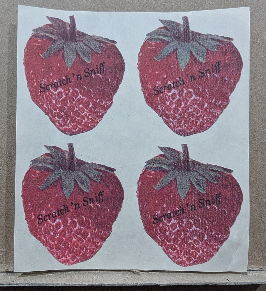 Vintage 3M Die Cut STRAWBERRY Scratch & Sniff Stickers Uncut Sheet of 4