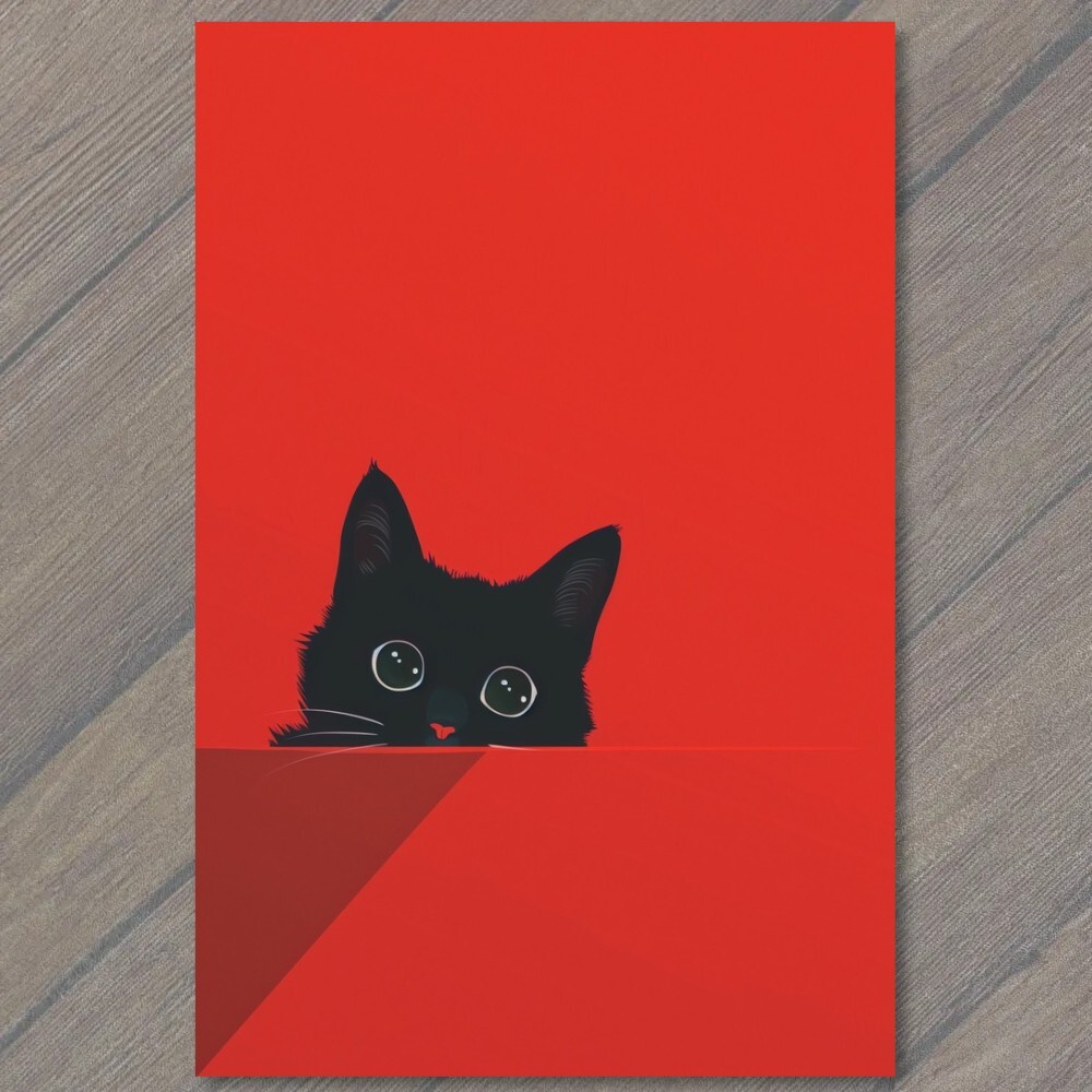 STICKER Black Cat Yellow Eyes Pet Red Background Painting Cute Fun Feline