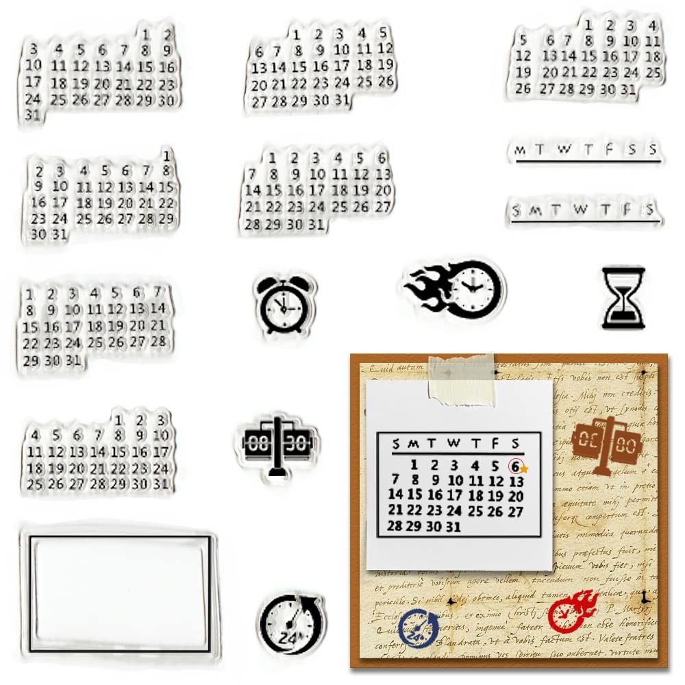 Calendar Date Week Number Clear Stamps for Card Making and Journaling, Clock Tim