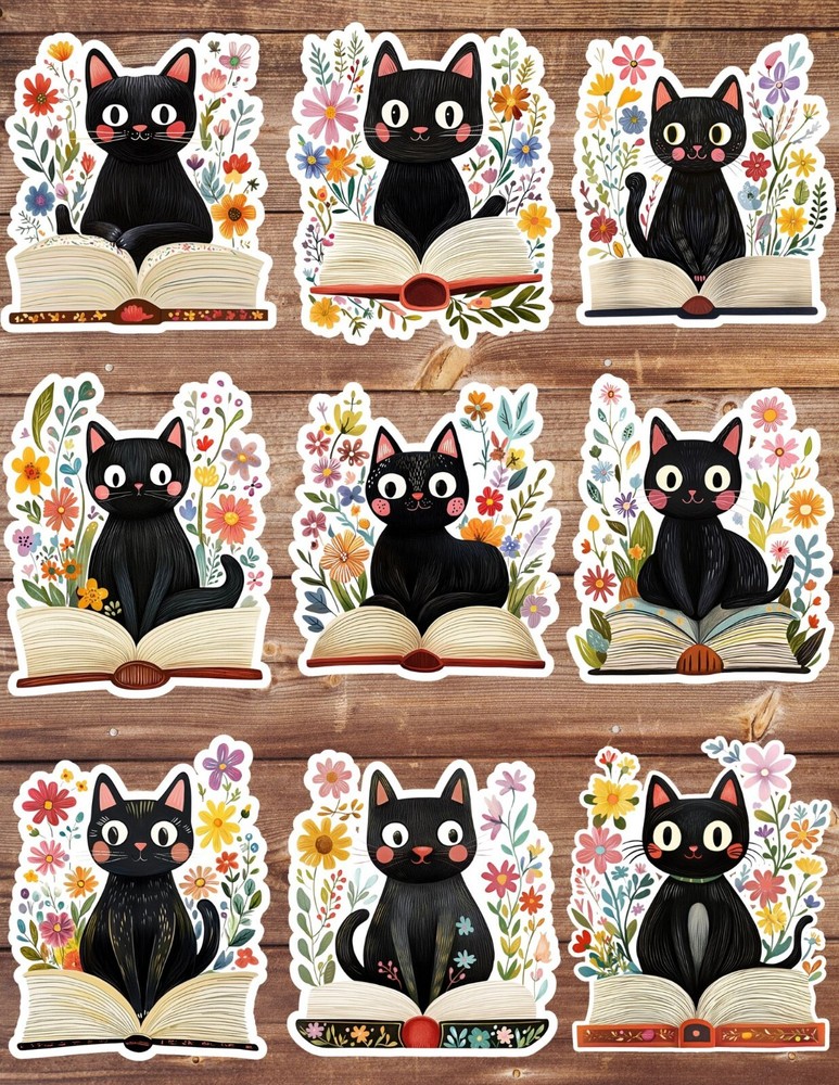 Cat Reading Book Die Cut Vinyl Stickers Set Scrapbooking Laptop WaterBottle