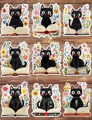 Cat Reading Book Die Cut Vinyl Stickers Set Scrapbooking Laptop WaterBottle