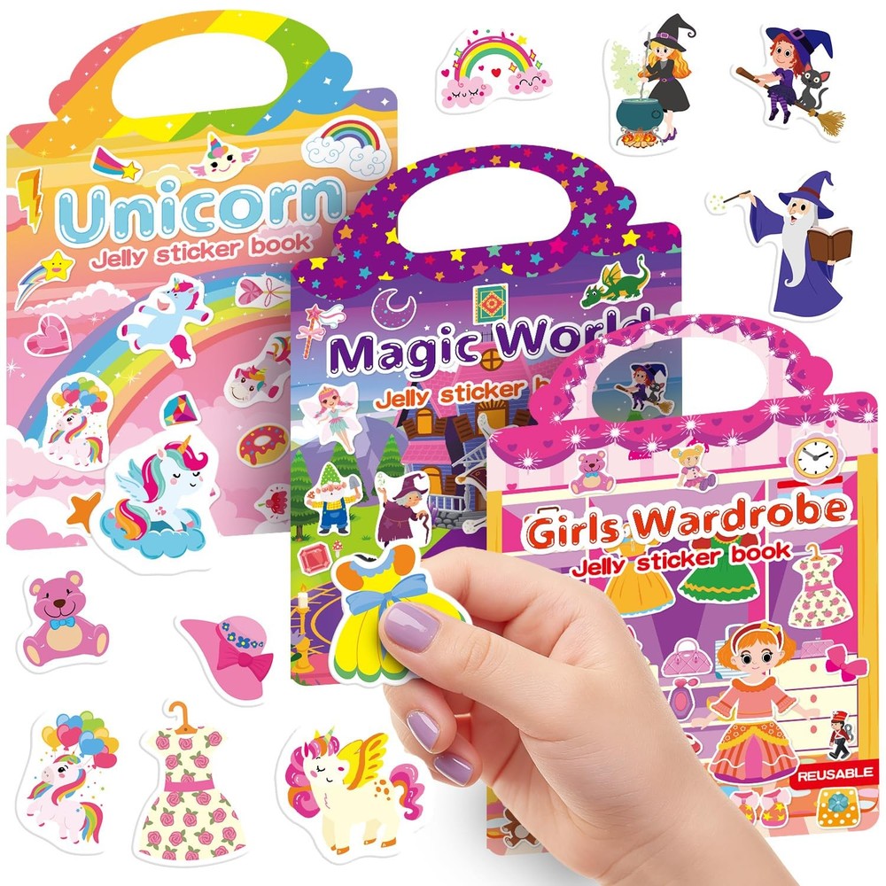 3 Reusable Jelly Sticker Books for Toddlers 3-6, Travel Activity Girls Toys