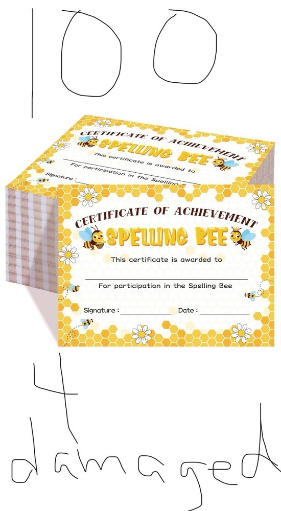 100 Pcs Spelling Bee Achievement Award Certificates 11×8” Recognition 4 Ripped