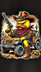 duck Duck riding 4×4 Cowboy Western Pistol whimsical kawaii sticker cute