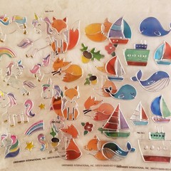 3 Stained Glass Inspired Plastic Animal Sticker Sheet – Unicorns, Foxes, Whales