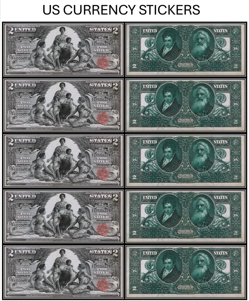 $2 Two Dollar 1896 Silver Certificate (US CURRENCY STICKERS) (Lot Of 5)