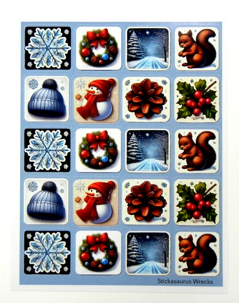 Winter Snowflakes Wreaths Snowmen Squirrels Hats Pinecones Square Sticker Sheet