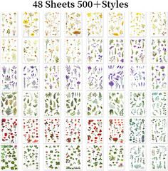 722 Pieces Pressed Flower Stickers for Crafts (Assorted 722 Pieces,48 Sheets) Fl