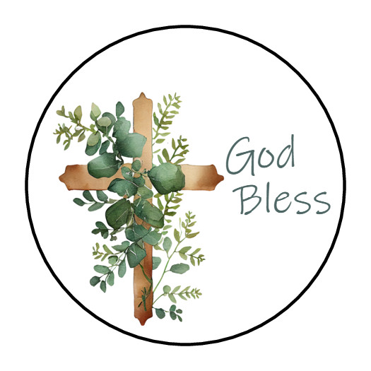 30 GOD BLESS STICKERS ENVELOPE SEALS LABELS 1.5″ ROUND CROSS EUCALYPTUS FOLIAGE
