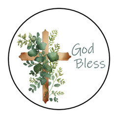 30 GOD BLESS STICKERS ENVELOPE SEALS LABELS 1.5″ ROUND CROSS EUCALYPTUS FOLIAGE