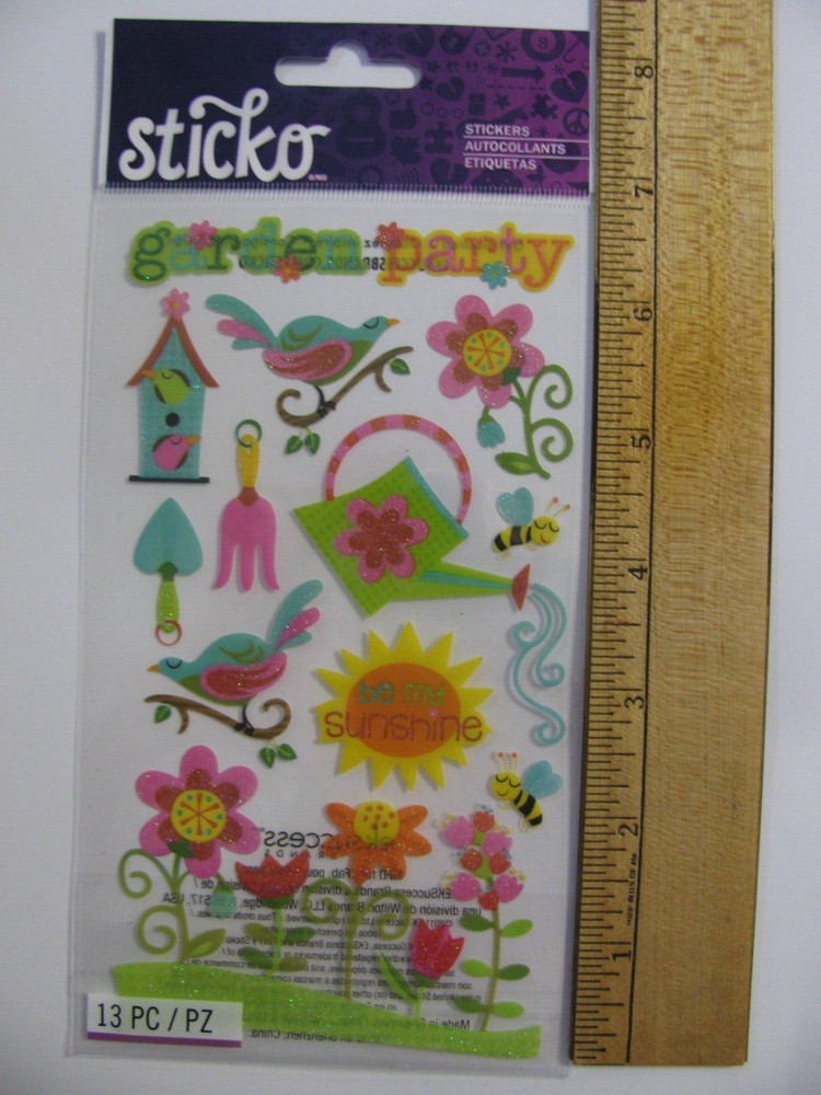 Sticko Stickers GARDEN PARTY Birds Flowers Bees Sunshine Glitter 13 Pieces NOS