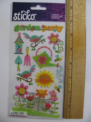 Sticko Stickers GARDEN PARTY Birds Flowers Bees Sunshine Glitter 13 Pieces NOS