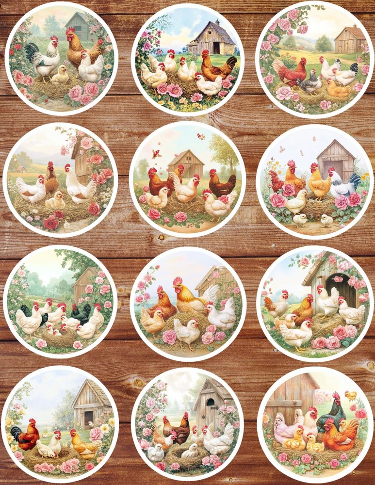Chicken Farm Circle Die Cut Vinyl Stickers Set Scrapbooking Laptop Waterbottle