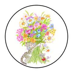 KITTEN & MOUSE WITH FLOWERS ENVELOPE SEALS STICKERS LABELS TAGS 1.5″ ROUND (30)