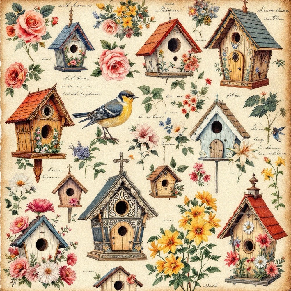 Spring Bird House Decoupage Rice Paper For Ornament-Wood Art A4 1 Sheet