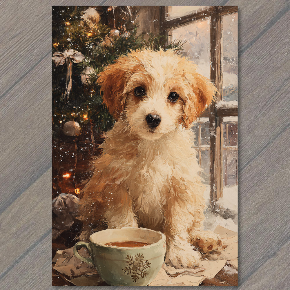 STICKER Puppy Coffee Christmas Tree Snow Window Cozy Winter Dog Cute Holiday W