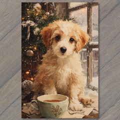 STICKER Puppy Coffee Christmas Tree Snow Window Cozy Winter Dog Cute Holiday W