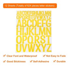624 Pieces Vinyl Letter Stickers, 12 Sheets 2 Inch Yellow Artistic Font
