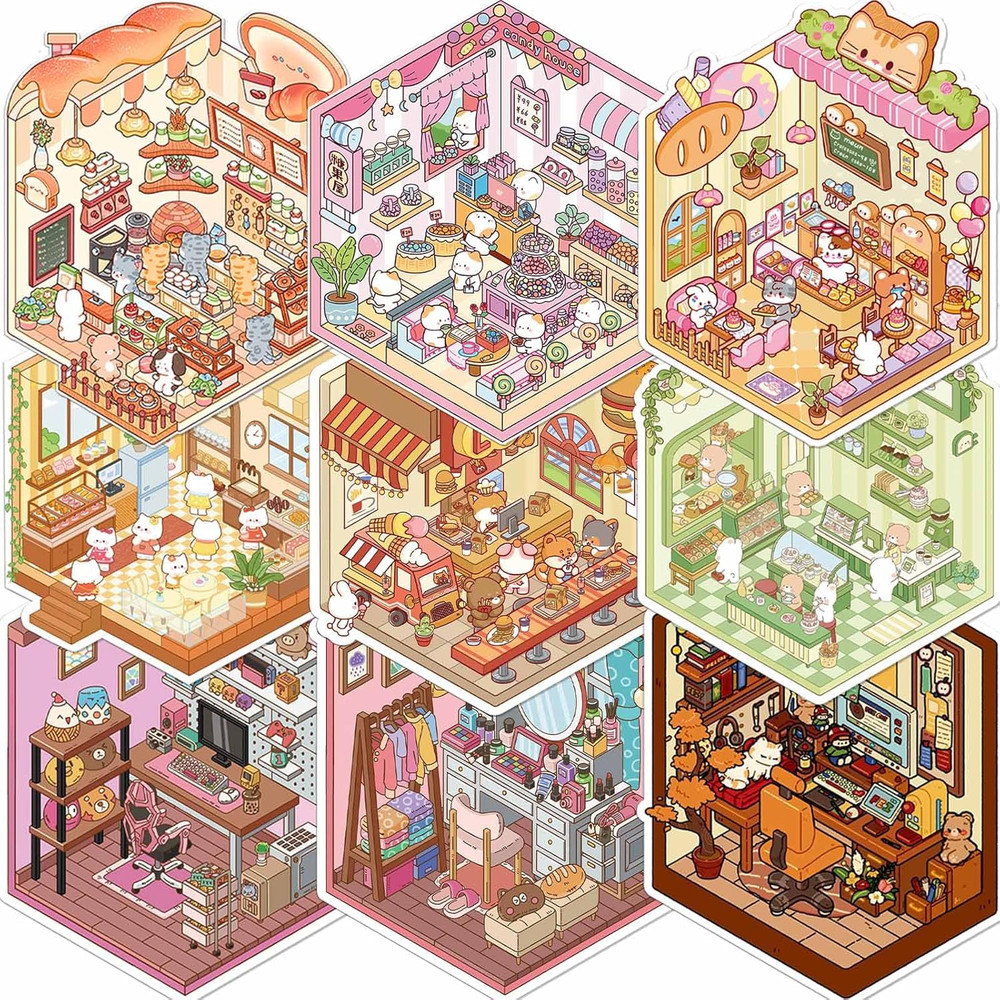 9 Sets 3D Sticker Scene, DIY 3D House Stickers for Kids and Adults